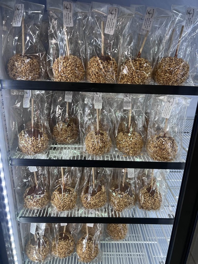 Nut-covered caramel apples made at Mapleside Farms